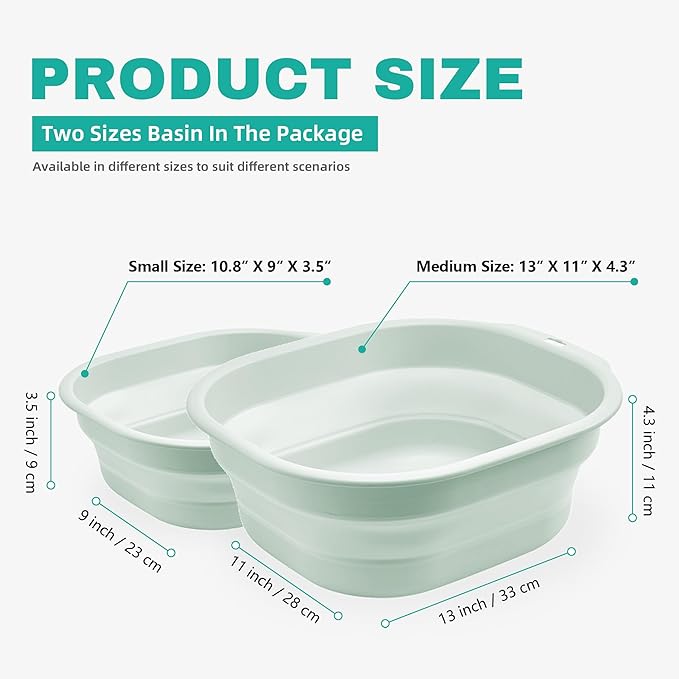 2 Pack Collapsible Wash Basin Set, Foldable Dish Tub, Small Medium Portable Sink for Kitchen, Camping, RV, Baby Bottles, Laundry, Plastic Washbasin -Green