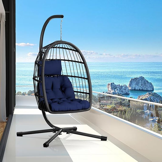 Egg Chair with Stand,Patio Rattan Wicker Hanging Swing Egg Chair Hammock Chair for Bedroom Porch Garden,Thickened Aluminum Alloy Steel Frame and UV Resistant Cushion,350LBS Capacity