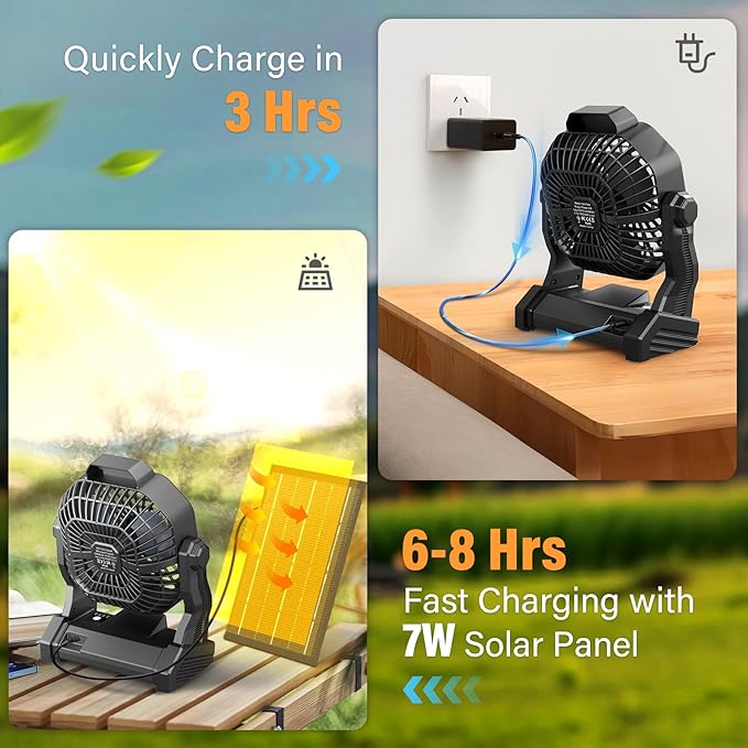10400mAh Solar Fan with LED Lantern, Camping Fan with Solar Panel, 7W Rechargeable Solar Powered for Outside, Quiet Battery Operated Tent for Picnic, Barbecue, Fishing, Travel