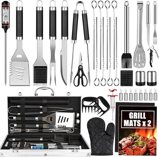 BBQ Grill Accessories Set, 38Pcs Stainless Steel Grill Tools Grilling Accessories with Aluminum Case, Thermometer, Grill Mats for Camping/Backyard Barbecue, Grill Utensils Set for Men Women