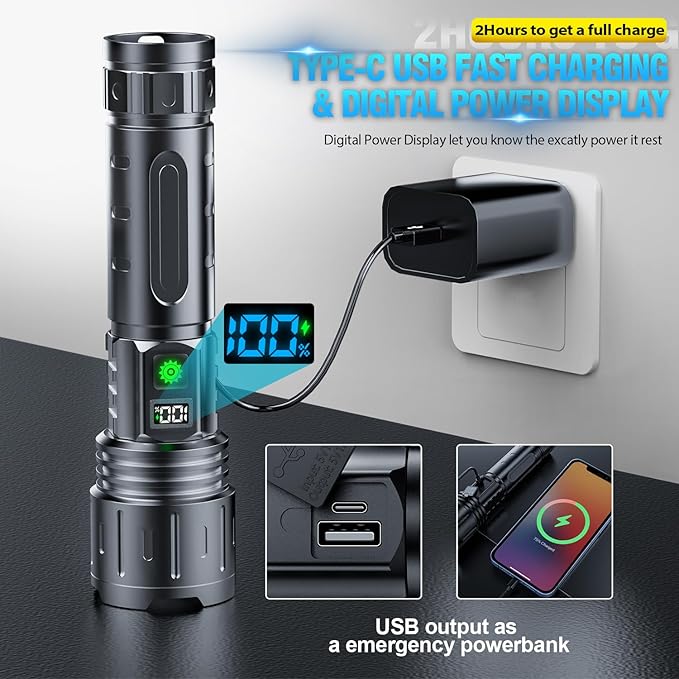 Tactical Rechargeable Flashlights 2000 High Lumens - 20H Runtime, Long Beam Super Bright LED Pocket Flash light IPX5 Waterproof for Camping, 5 Modes, Zoomable, Compact Flashlight for Camping, 2pcs