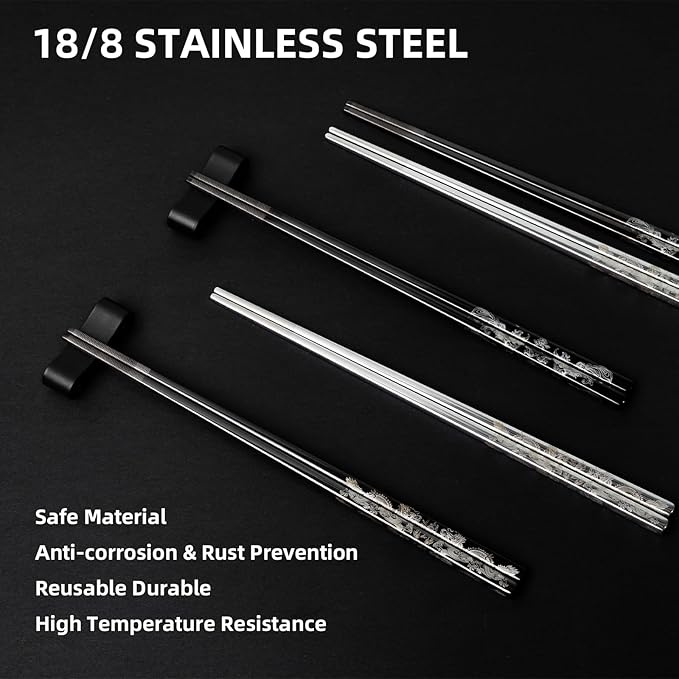 2 Pairs Reusable Stainless Steel Chopsticks, Laser-Engraved Non-Slip Grip, Dishwasher Safe, Japanese & Korean Style, Metal Chopstick Gift Set for Cooking, Dining & Travel (9")
