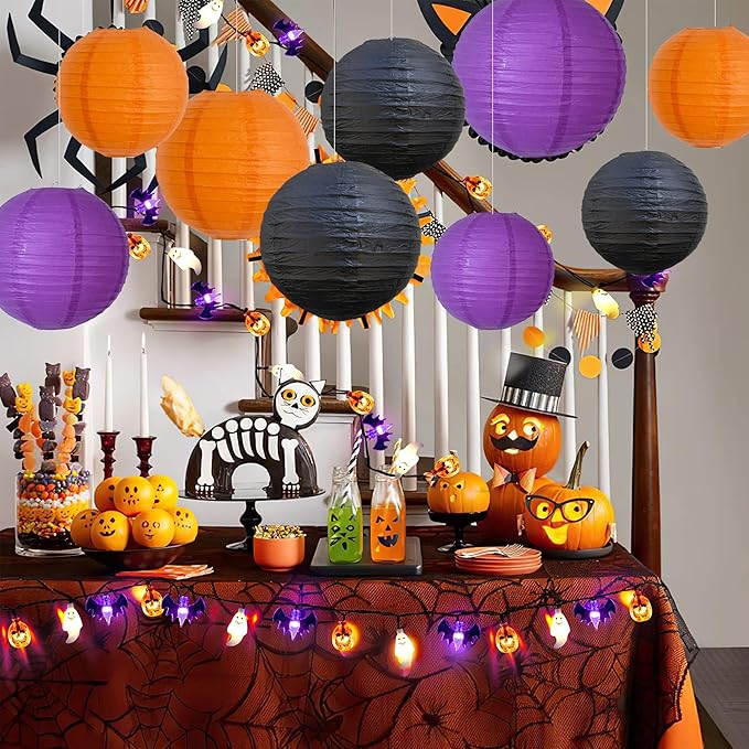 BEISHIDA 12Pcs Orange Purple Black Paper Lanterns Decorative Chinese/Japanese Hanging Round Paper Lanterns Lamp for Halloween，Birthday, Wedding, Christmas, Bridal,Home Decor, Party Decoration