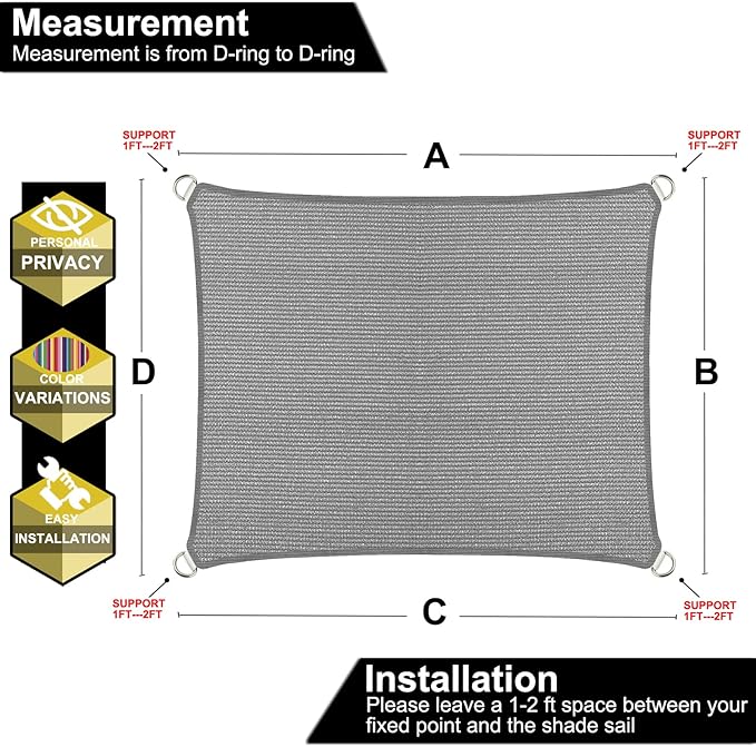 12' x 12' Grey Outdoor Sun Shade Sail Canopy ??UV Resistant Permeable Awning Fabric for Patio, Garden, Backyard, Pergola, Carport, Lawn Shelter Cover