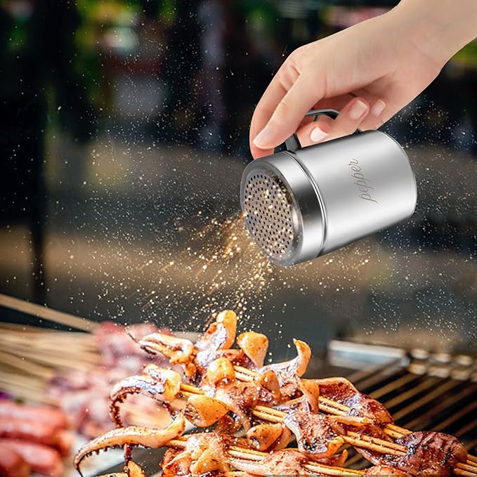 Stainless Steel Salt and Pepper Shakers Set, 10 OZ Seasoning Spice Shaker with Lid and Handle 127 Holes, Metal Dredge Shaker for Powder Sugar Cooking Kitchen Baking (2 Pieces)