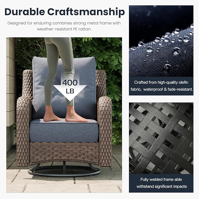 7 Pieces Outdoor Patio Furniture Sets with Single Chairs with 6-inch Thick Cushion and Fire Pit Table for Deck Lawn