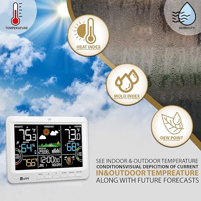Weather Station Wireless Indoor Outdoor Thermometer with Heat Dew Mold, Thermometer Inside Outside Atomic Clock with Pressure White