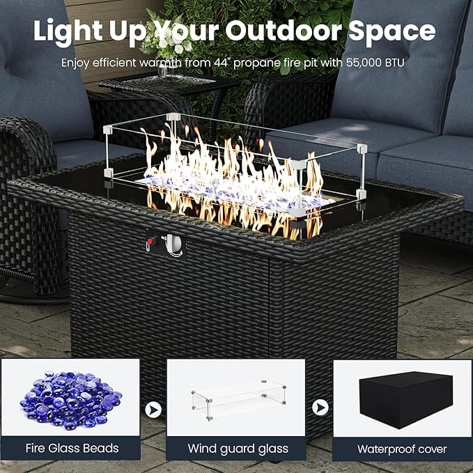 7 Pieces Outdoor Patio Furniture Sets with Single Chairs with 6-inch Thick Cushion and Fire Pit Table for Deck Lawn