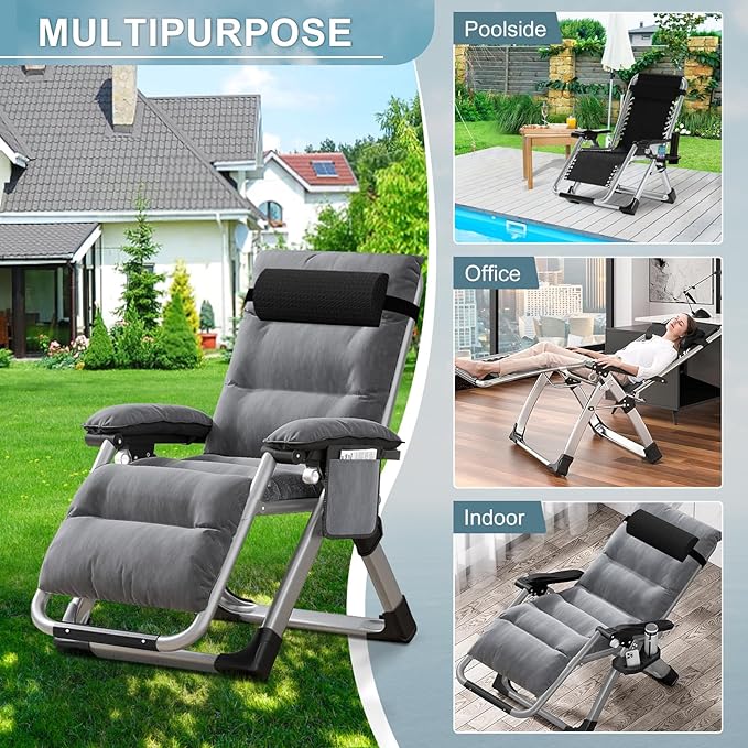 ABORON Upgrade Zero Gravity Chair/Armrest Mat,Premium Outdoor Lawn Folding Lounge Chairs,Sturdy Adjustable Reclining Patio Chairs with Removable Seating Cushion,Headrest & Tray