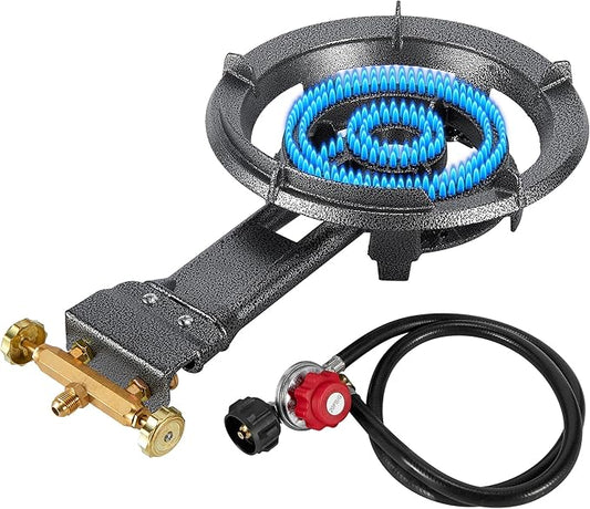 Bestfire 13" Single Propane Burner Stove 90,000 BTU Cast Iron Portable Outdoor Burner with 0-20 PSI Adjustable Regulator and Stainless Steel Hose Perfect for Outdoor Wok Cooking