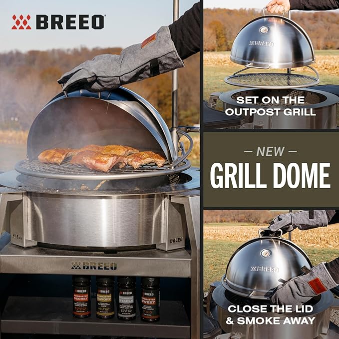 Breeo Grill Dome Hinged Stainless Steel Dome w/Built-in Thermometer, Griddle Accessories Kit, Outdoor Set for Live-Fire Cooking Fits X/24, X/30 Series - Outpost Grill Required