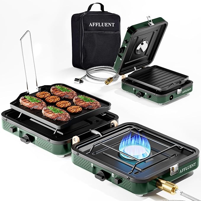 AFFLUENT 2 Burner Propane Camping Stove with Grill and Storage Bag- A Must - Have Camp Stove Propane! Foldable, Featuring Two Adjustable Burners Ideal Portable Camping Stove for Camping & BBQ(Green)