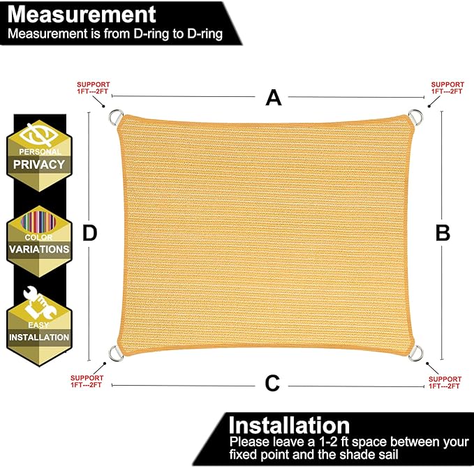 13' x 24' Yellow Outdoor Sun Shade Sail Canopy ??UV Resistant Permeable Awning Fabric for Patio, Garden, Backyard, Pergola, Carport, Lawn Shelter Cover