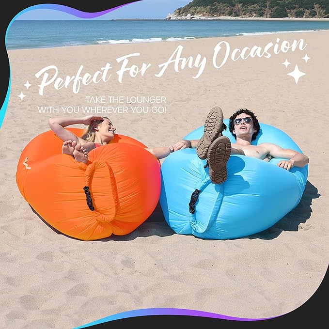 Nevlers 2 Pack Inflatable Loungers Air Sofa Couch | Perfect for Beach Chair Camping Chairs or Portable Hammock |Travel Bag Pouch, Pegs & 3 Pockets| Movie Seating & Camping Accessories Blow Up Lounger