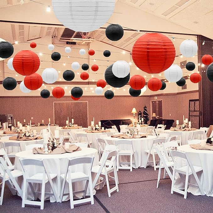 Paper Lanterns Party Decorations Red Black - Hanging Paper Lanterns Indoor Outdoor - Minnie Mouse Ladybug Theme Birthday Baby Shower Graduation Wedding BBQ Party Supplies, 15pcs