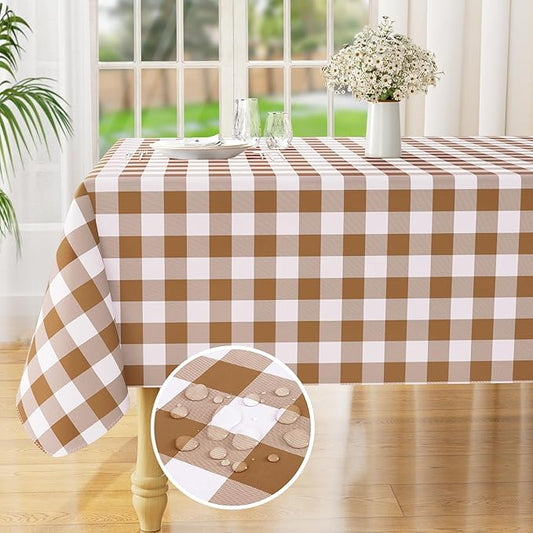 misaya Rectangle Waterproof Vinyl Table Cloth, Buffalo Flannel Backed Tablecloth, Wipeable Plastic Table Cover for Dinner, Kitchen, Outdoor (54" x 108", Brown and White)