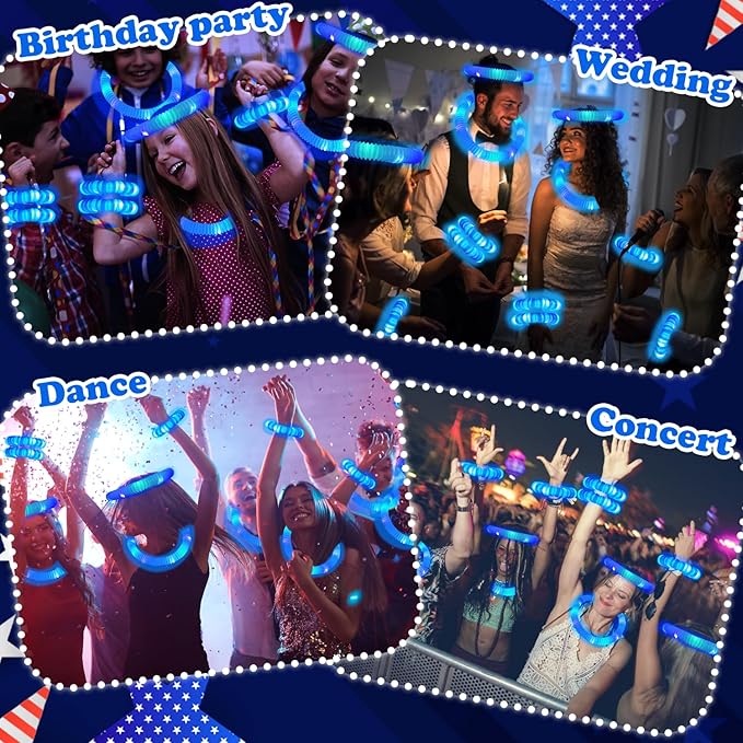 Blue Glow Sticks Party Favors for Kids 24 PCS,LED Light up Pop Tubes for Toddlers, Neon Necklaces Bracelets Accessories, Glow Birthday Wedding Dance Party Supplies Camping Toys Decorations
