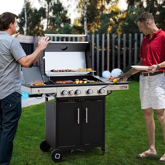Brand-Man 4 Burner Propane Grill with Infrared Sear Side Burner 8500 BTU, Cabinet Style Gas BBQ Grill with Side Table for Barbecue Grilling & Backyard Cooking