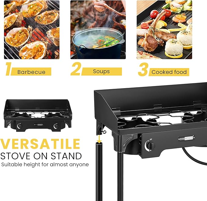 VIVOHOME 150,000 BTU Double Burner Propane Stove, Heavy-Duty Outdoor Portable Camp Stove with Windscreen & Detachable Legs for Camping, Backyard, BBQ Cookouts