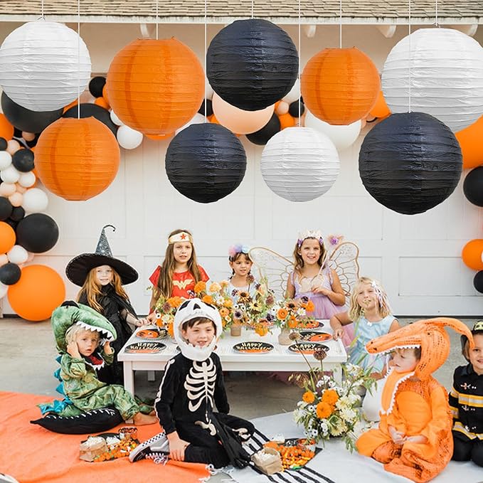 BEISHIDA 12Pcs Orange Black White Paper Lanterns Decorative Chinese/Japanese Hanging Round Paper Lanterns Lamp for Halloween，Birthday, Wedding, Christmas, Bridal,Home Decor, Party Decoration