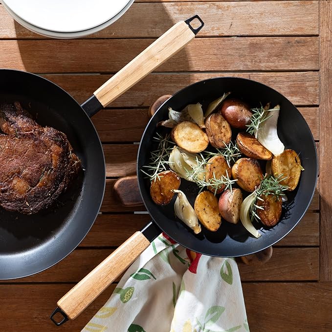 Alva Forest 3 Piece Seasoned Blue High Carbon Steel Pan Set Natural Non Stick Frying Pans Non Toxic PFAS PFOA PTFE Free Carbon Steel Frying Pans Healthy Nonstick Steak Pan Safe in All Stovetop & BBQ