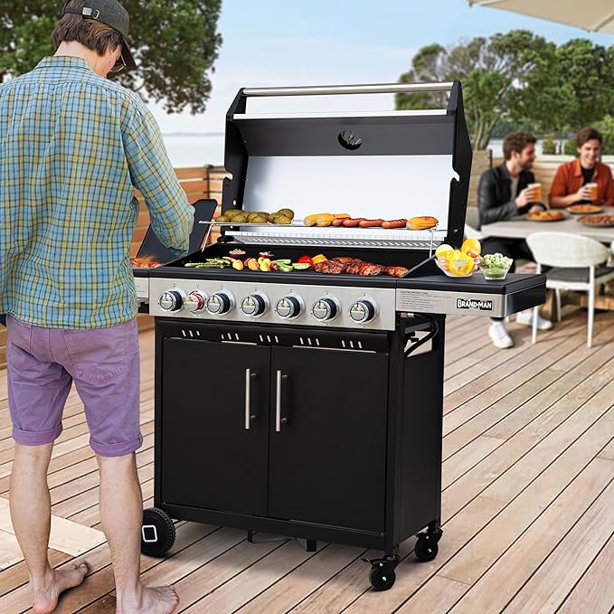 Brand-Man 6 Burner Propane Grill with Infrared Sear Side Burner & Porcelain-Enameled Cast Iron Grate and Plate, Cabinet Style Gas BBQ Grill with Side Table for Barbecue Grilling & Backyard Cooking