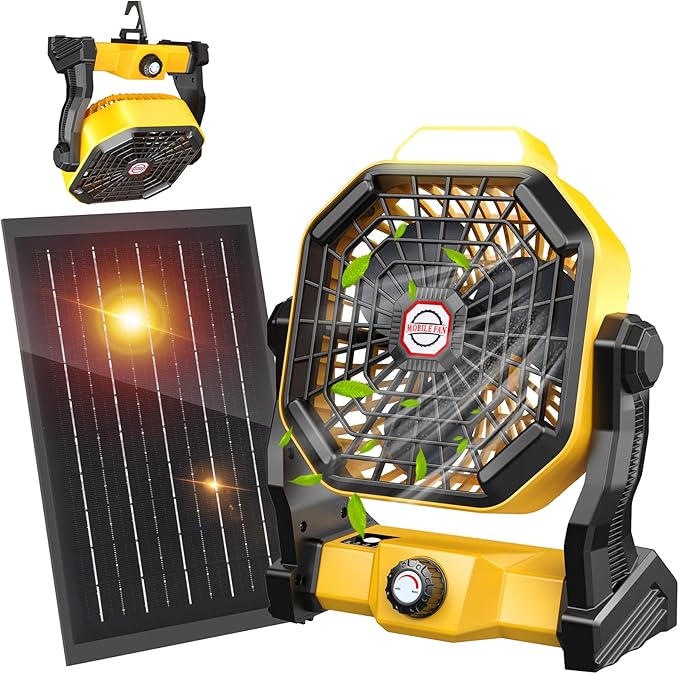 10400mAh Solar fan with LED Lantern, Camping Fan with Solar Panel, 7W Rechargeable Solar Powered Fan for Outside, Quiet Battery Operated Tent for Picnic, Barbecue, Fishing, Travel