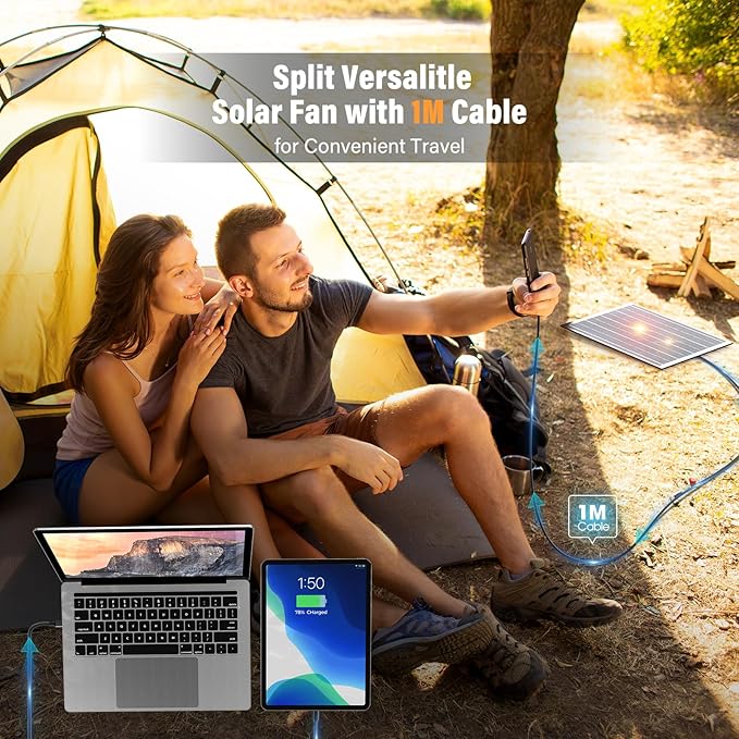 10400mAh Solar fan with LED Lantern, Camping Fan with Solar Panel, 7W Rechargeable Solar Powered Fan for Outside, Quiet Battery Operated Tent for Picnic, Barbecue, Fishing, Travel