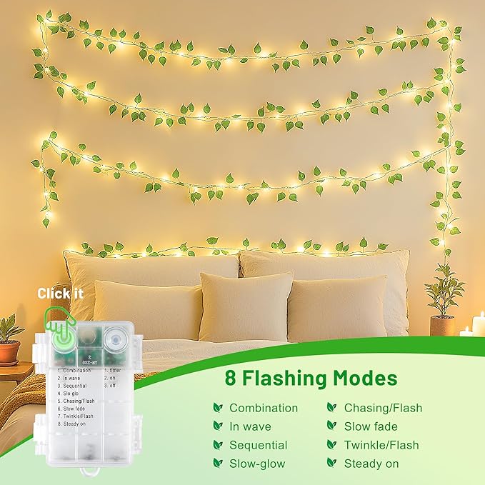 YOUNGAR Vine with Fairy Lights Battery/USB Operated,23ft 73 LED Pothos String Lights with Memory and Timer,Leaf Lights for Bedroom, Room, Garden, Party, Wedding,Wall Decor (Warm White)