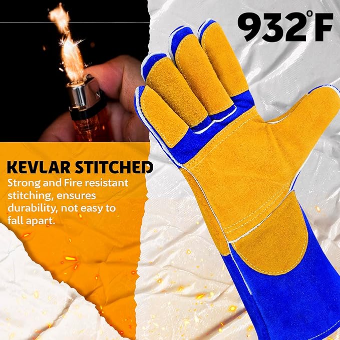 16” Welding Gloves – Heavy-Duty Heat & Flame Resistant Cowhide Leather, Kevlar-Stitched, 932℉ Protection for MIG, Stick, Forge, Fireplace, BBQ, Wood Stove (𝐁𝐥𝐮𝐞/𝐘𝐞𝐥𝐥𝐨𝐰)