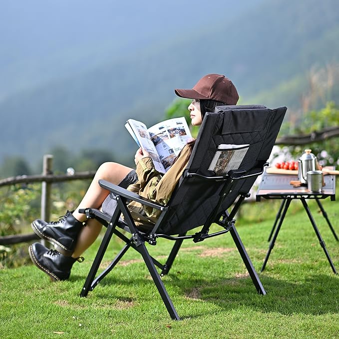 Reclining Camping Chair 2 Pack, Folding Lawn Chairs with 4-Stage Adjustable High Back for Adults Heavy Duty, Compact Foldable Outdoor Patio Recliner Chair with Side Bag(Green)