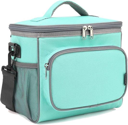 FlowFly Insulated Reusable Lunch Bag Adult Large Lunch Box for Women and Men with Adjustable Shoulder Strap,Front Zipper Pocket and Dual Large Mesh Side Pockets,Jade