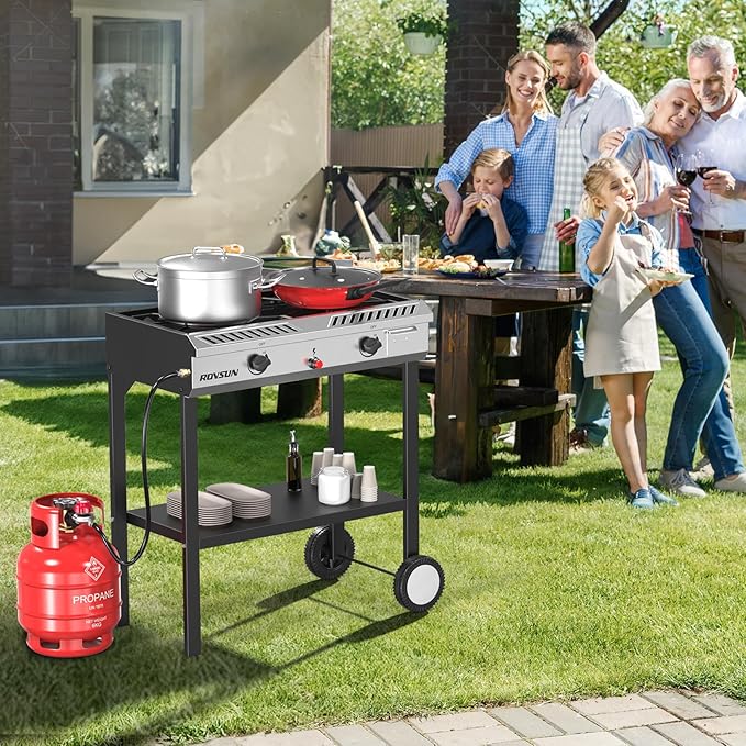 ROVSUN 2 Burner Outdoor Propane Gas Stove with Auto-ignition, Regulator & Shelf, 150,000 BTU Powerful Stand Cooker for Backyard Patio Cooking Home Brewing Canning Turkey Frying