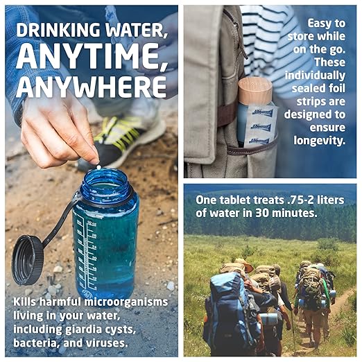 Aquatabs 49mg Water Purification Tablets (50 Pack). Water Filtration System for Hiking, Backpacking, Camping, Emergencies, Survival, and Home-Use. Easy to Use Treatment and Disinfection.