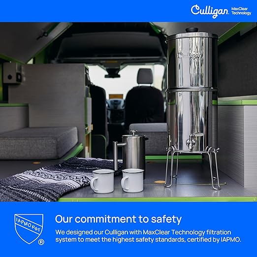 Culligan with MaxClear Technology 3 Gallon Gravity Water Filter System, Brushed Countertop Ceramic Water Filter Dispenser NSF/ANSI Certified to Reduce Lead, Microplastics & Total PFAS, with 6 Filters