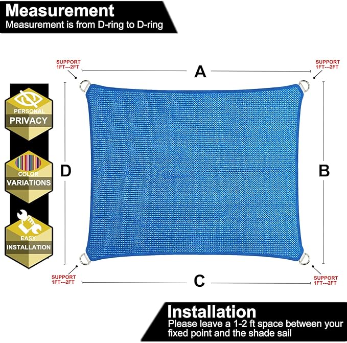 11' x 15' Blue Outdoor Sun Shade Sail Canopy ??UV Resistant Permeable Awning Fabric for Patio, Garden, Backyard, Pergola, Carport, Lawn Shelter Cover