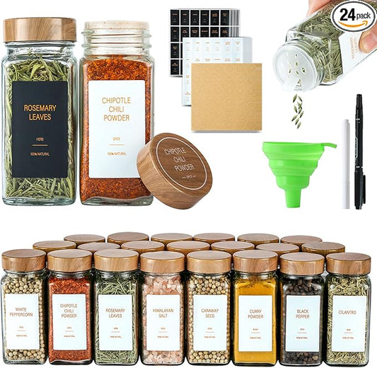 Spice Jars with Label，4oz Seasoning Containers, Glass Spice Bottles with Shaker Lids,Funnel, Chalk Pen (24)