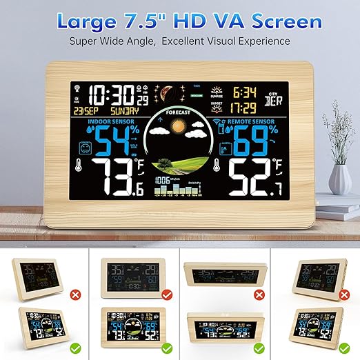 Weather Station Wireless Indoor Outdoor, Digital Thermometer, 7.5'' VA Display Home Weather Stations, Accurate Temperature Humidity Gauge with Weather Forecast, Atomic Clock,Khaki