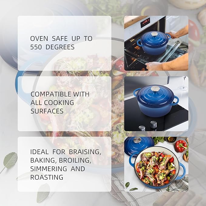 4.5 Quart Dutch Oven Enameled Cast Iron with Lid - Big Dual Handles - Oven Safe up to 500°F - Classic Round Pot for Versatile Cooking Blue