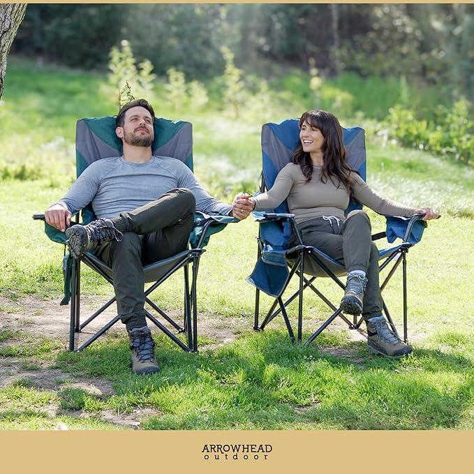 ARROWHEAD OUTDOOR 2-Pack Oversized XXL Portable Folding Camp Chair w/Glass & Cup Holders, Armrest Cooler, Heavy Duty Carry Bag, 600 lbs Weight Capacity