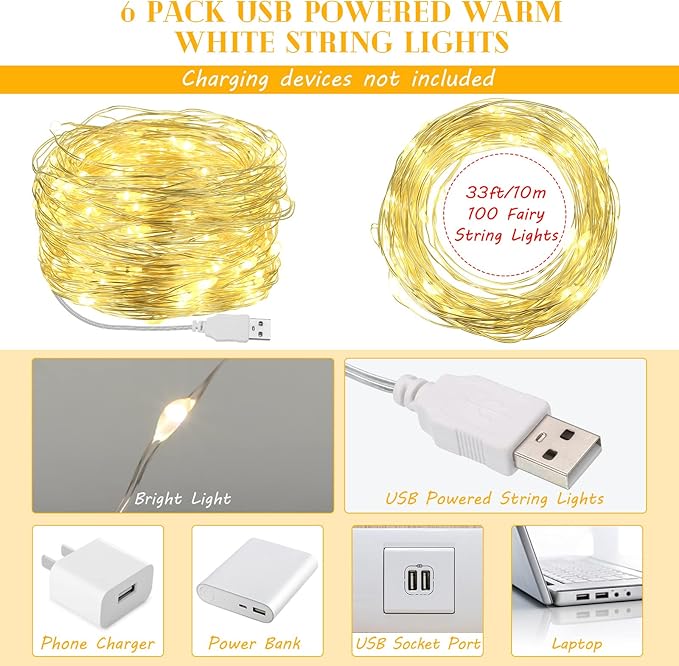 Macarrie 6 Pcs USB String Lights 33 ft 100 LED Fairy Lights Powered String for Christmas Indoor Outdoor Wedding Party Tree Home Festival Garden Decoration (Warm White)