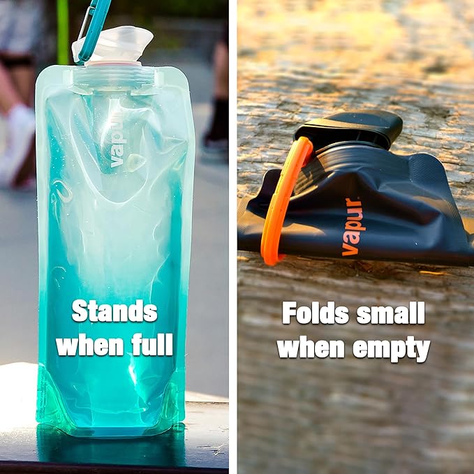 Vapur Collapsible Water Bottle With Carabiner, Compact Bottle Folds Flat For Hydration On The Go, Ideal for Traveling, Hiking or Camping, 23 Ounce, Fire, Pack of 2