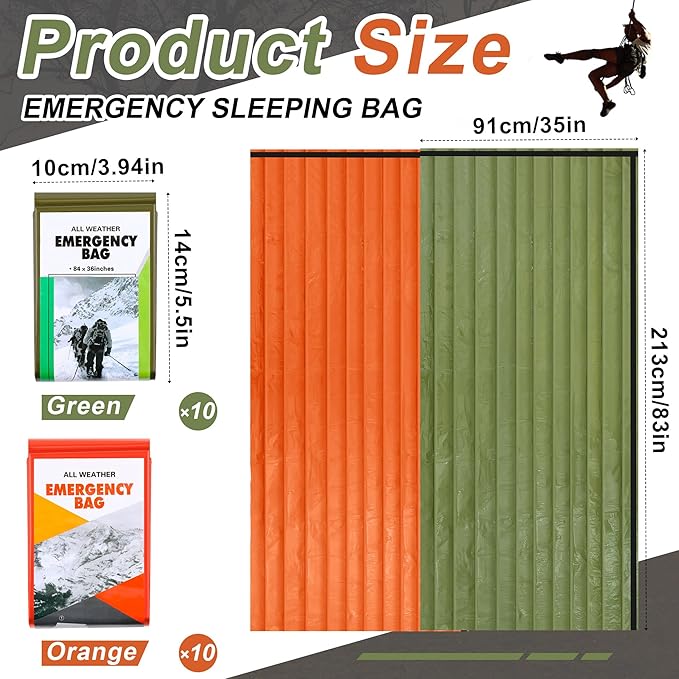 Preboun 20 Pcs Emergency Sleeping Bag Portable Lightweight Survival Bag Thermal Bivy Sack Waterproof Emergency Blanket Survival Gear for Outdoor Camping Hiking Homeless People Shelter (Orange,Green)