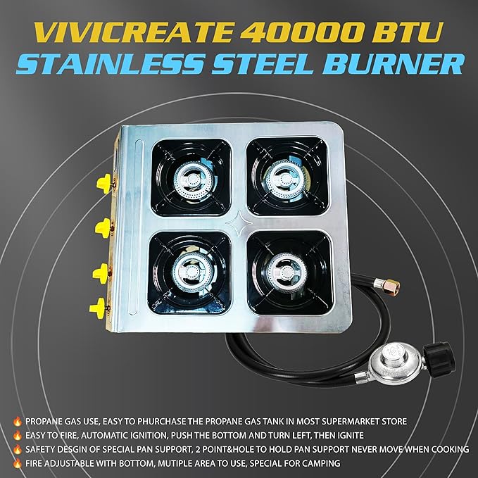 Vivicreate 4 Burner Propane Gas Stove 40000 BTU Stainless Steel Cooktop with Enamel Pan Support Electronic Ignition for Camping Outdoor Cooking BBQ Estufa de Gas Portátil Fogón de Gas