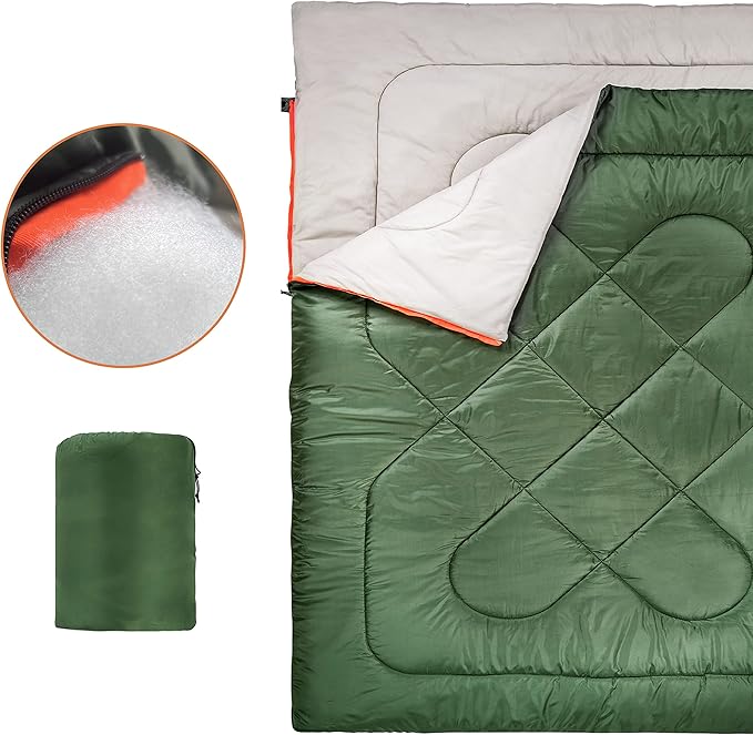 Amazon Basics 40°F Cool Weather Two-Person Sleeping Bag, 87 Inches x 59 Inches, Olive Green