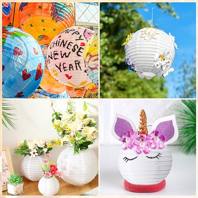 Treela 48 Pcs Paper Lanterns Party Decorations Chinese Round Paper Lanterns 4/6/8/10 Inch Asian Hanging Lamps Decorative for Birthday Party Supplies(White)