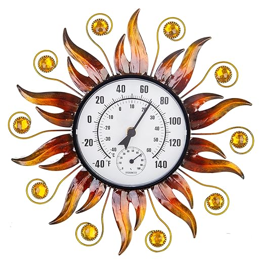 Indoor Outdoor Thermometer, Sun Wall-Mounted Thermometer with Humidity, Easy to Read Decorative Outside Thermometer for Patio, Garden, No Require Batteries