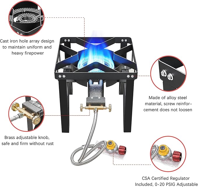 Vivicreate 185000 BTU High Pressure Propane Burner Outdoor Gas Stove Single Burner Cooktop for Turkey Fryer Seafood Boil Brewing BBQ Camping Stove Estufa de Gas Portátil Fogón de Gas 2 valve
