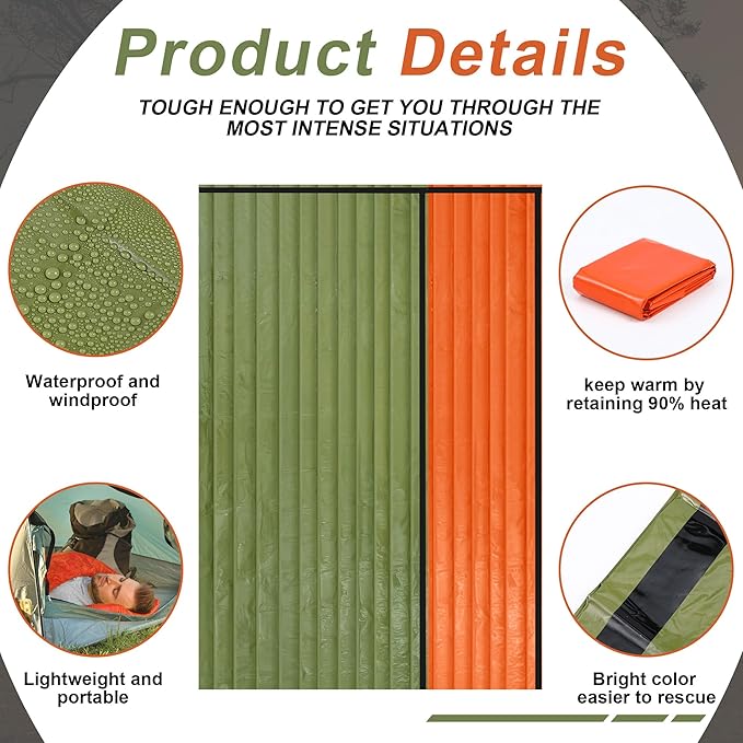 Preboun 50 Pcs Emergency Sleeping Bag Portable Lightweight Survival Bag Thermal Bivy Sack Waterproof Emergency Blanket Survival Gear for Outdoor Camping Hiking Homeless People Shelter (Orange,Green)