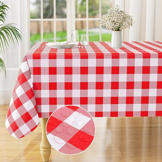 misaya Rectangle Waterproof Vinyl Table Cloth, Buffalo Flannel Backed Tablecloth, Wipeable Plastic Table Cover for Dinner, Kitchen, Outdoor (60" x 102", Red and White)